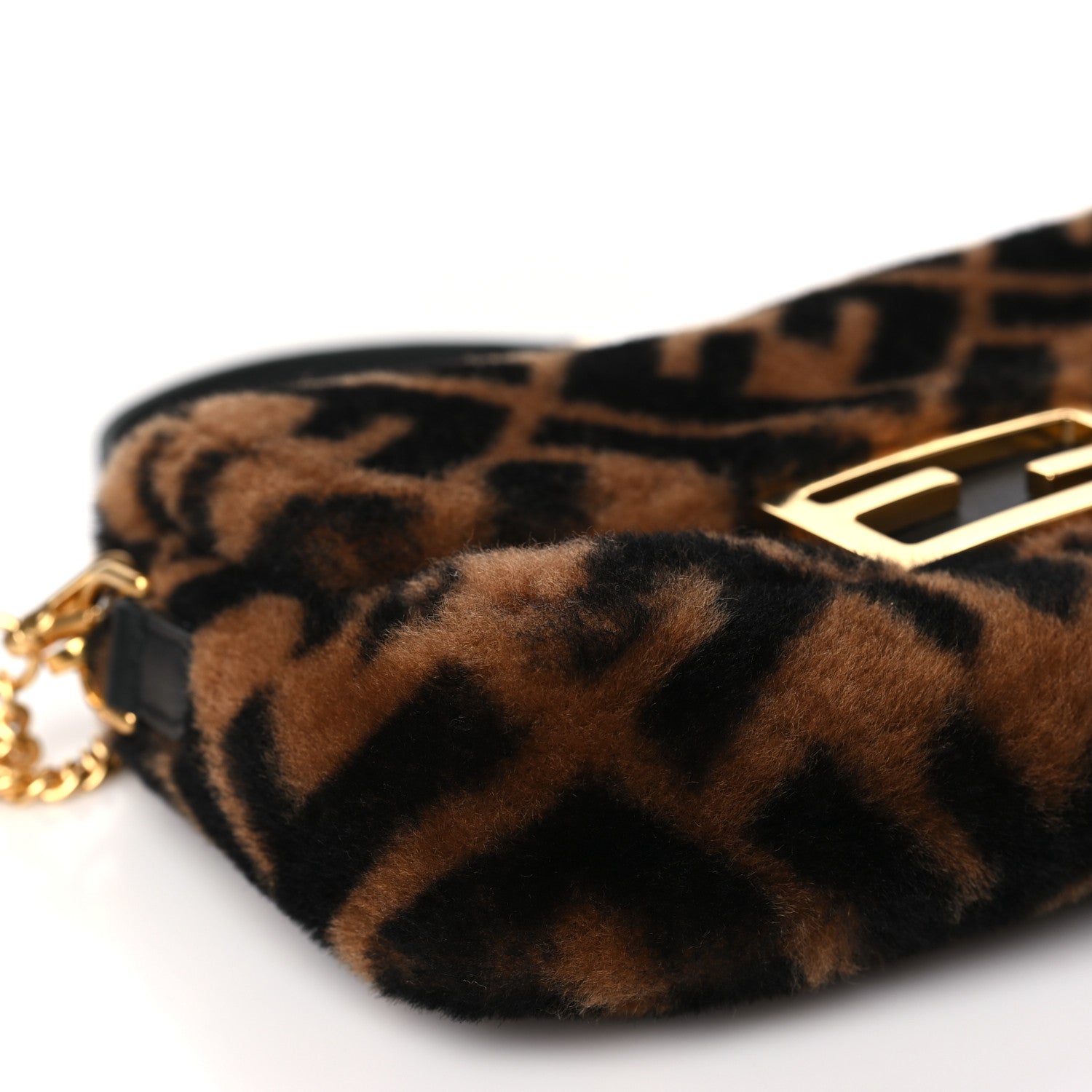 Fendi Shearling Vitello Dolce Macro FF 1974 Mini Baguette Tobacco Black 9 of 11