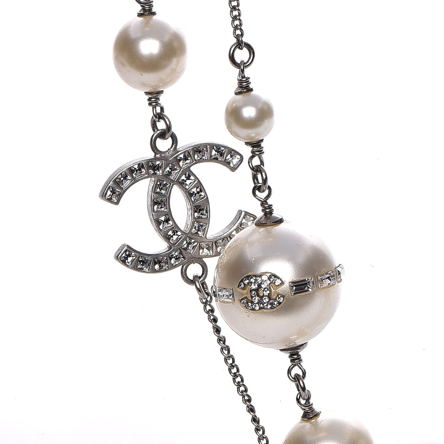 Pearl Baguette Crystal CC Long Necklace Silver