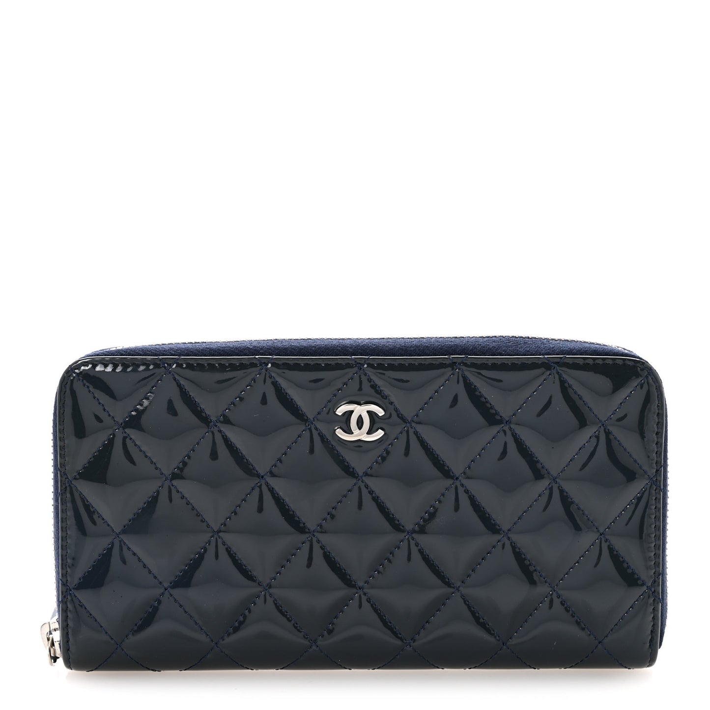 Patent Calfskin Quilted Large Gusset Zip Around Wallet Blue
