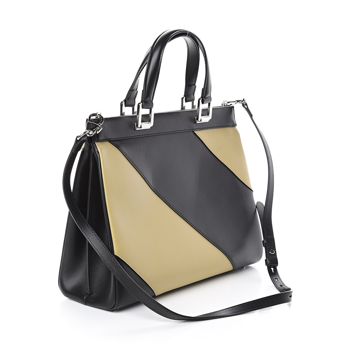 Smooth Calfskin Diagonal Striped Medium Zumi Top Handle Bag Black Beige