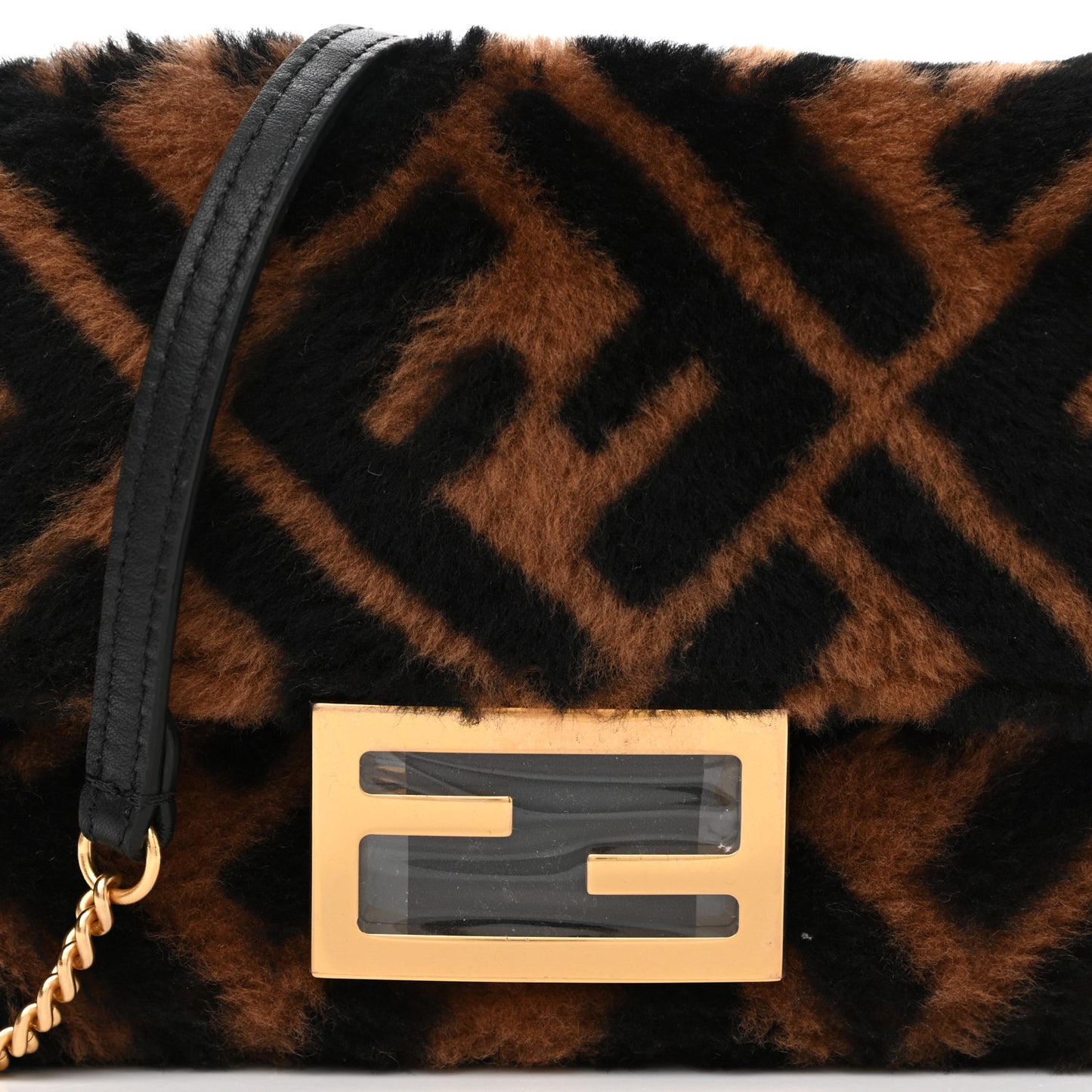 Shearling Vitello Dolce Macro FF 1974 Mini Baguette Tobacco Black