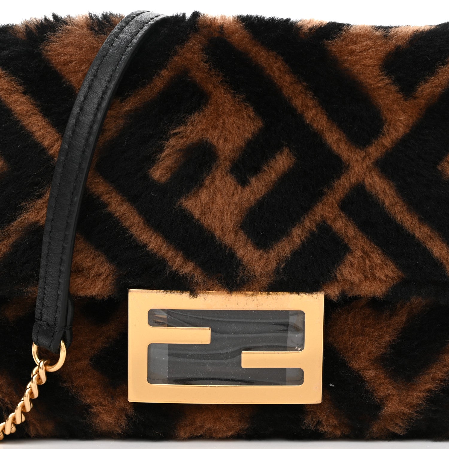 Fendi Shearling Vitello Dolce Macro FF 1974 Mini Baguette Tobacco Black 8 of 10
