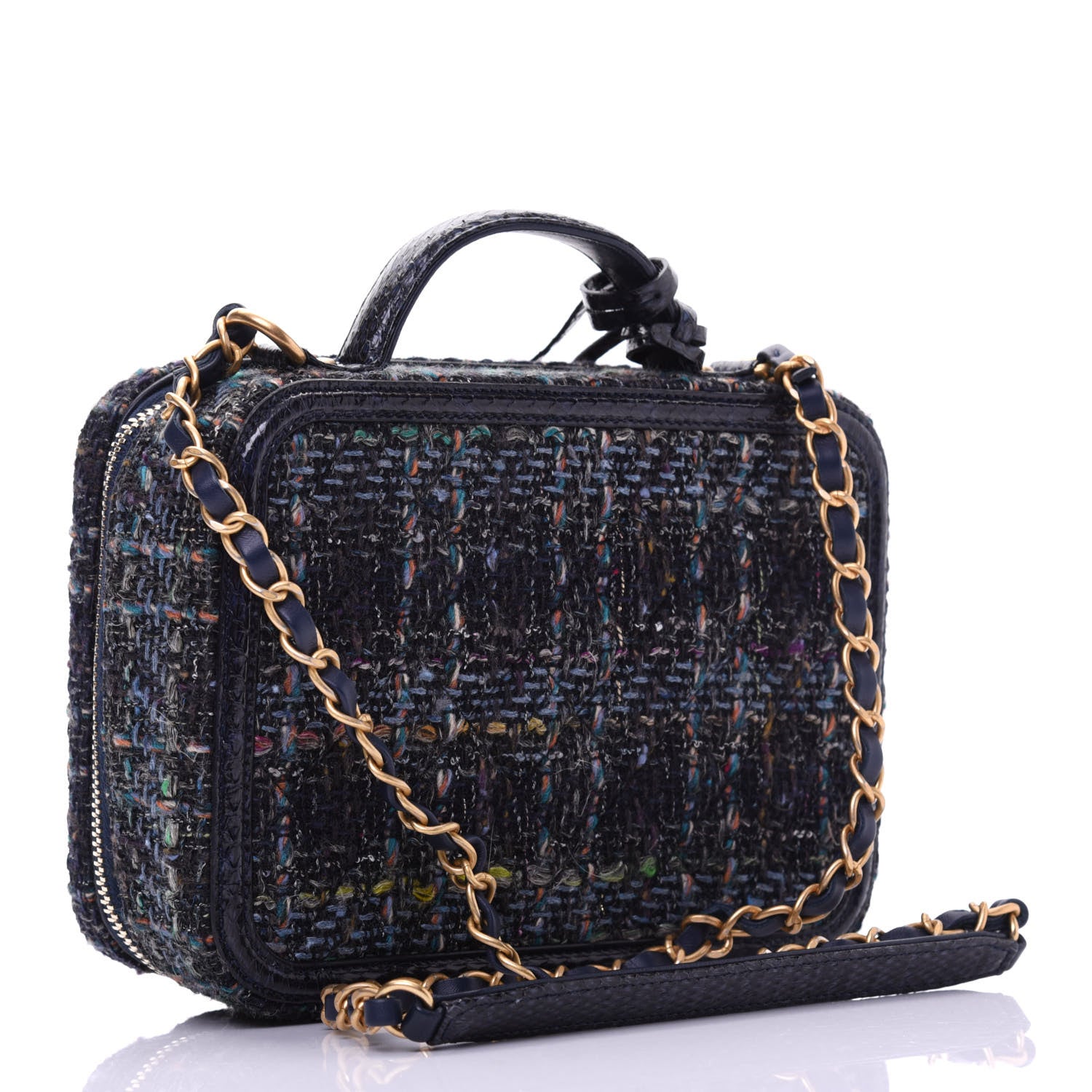 Chanel Tweed Snakeskin Quilted Medium CC Filigree Vanity Case Dark Navy 3 of 19
