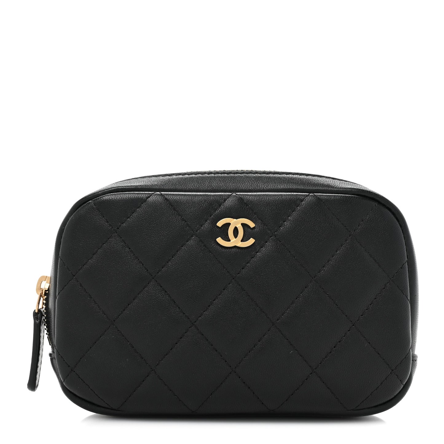 Lambskin Quilted Small Curvy Pouch Cosmetic Case Black