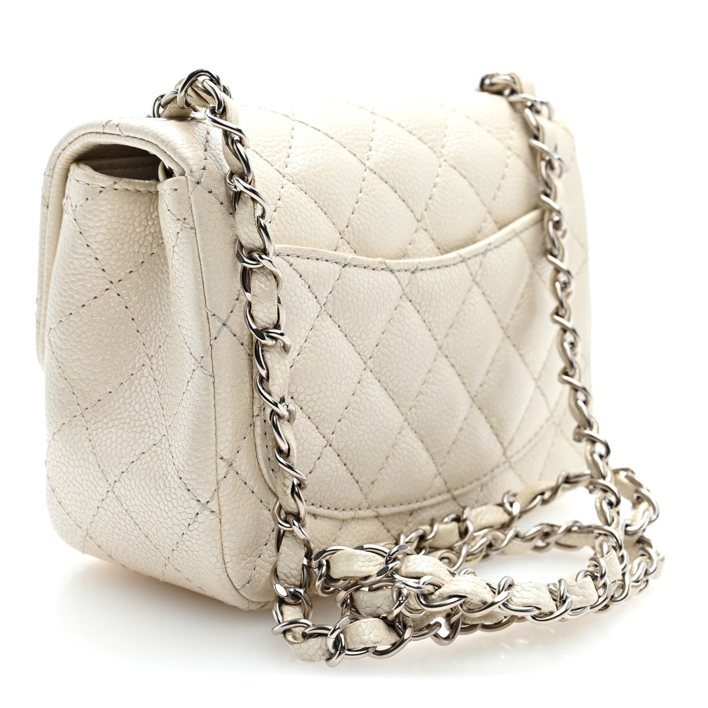 Iridescent Caviar Quilted Mini Square Flap White
