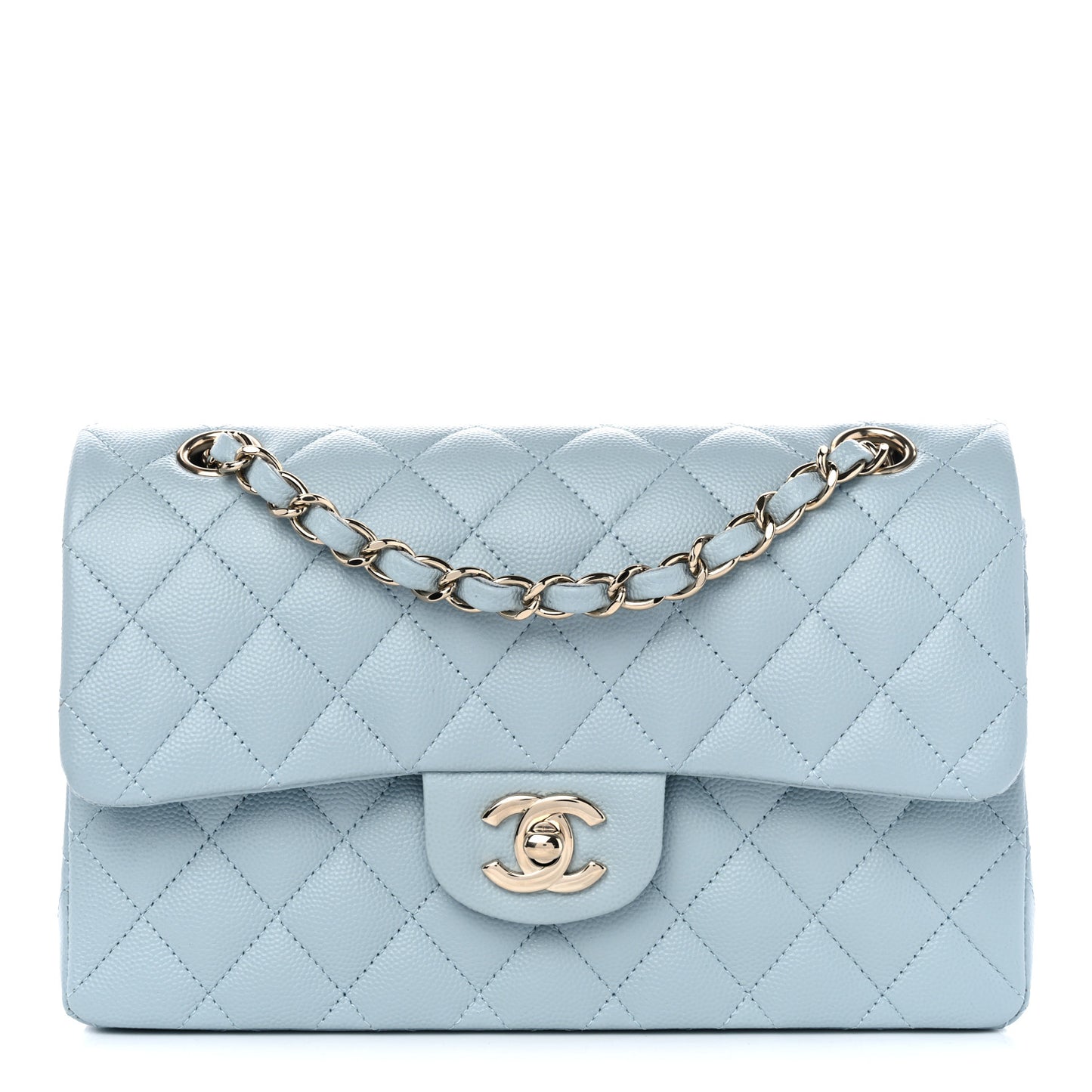 Caviar Quilted Small Double Flap Light Blue