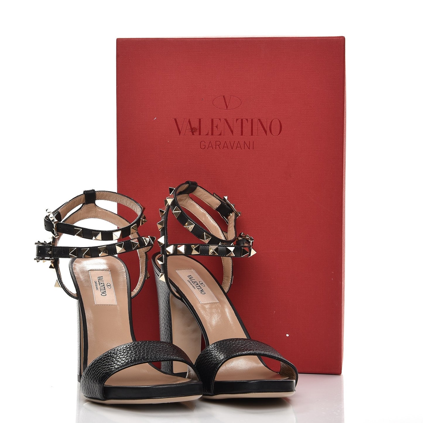 Pebbled Calfskin Rockstud Ankle Strap 5/105mm Sandals 37.5 Black