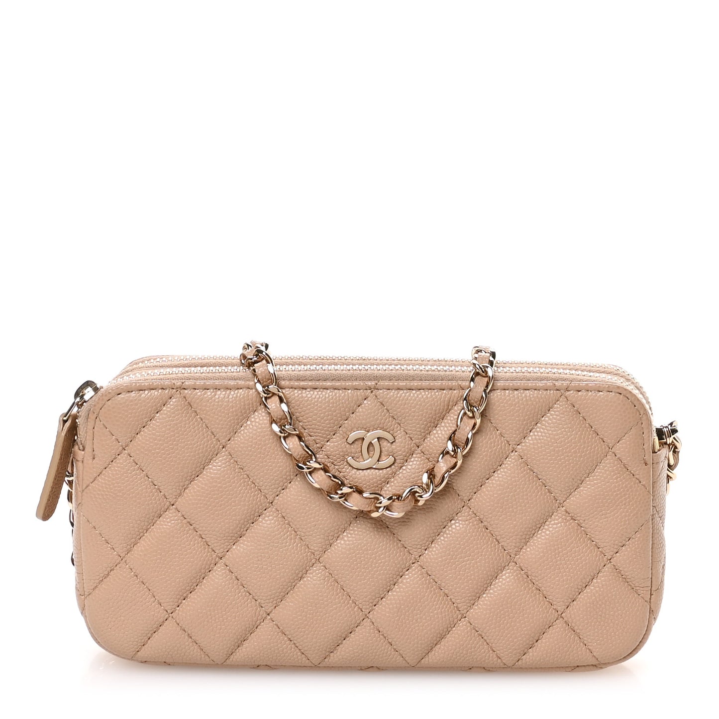 Caviar Quilted Small Clutch With Chain Beige