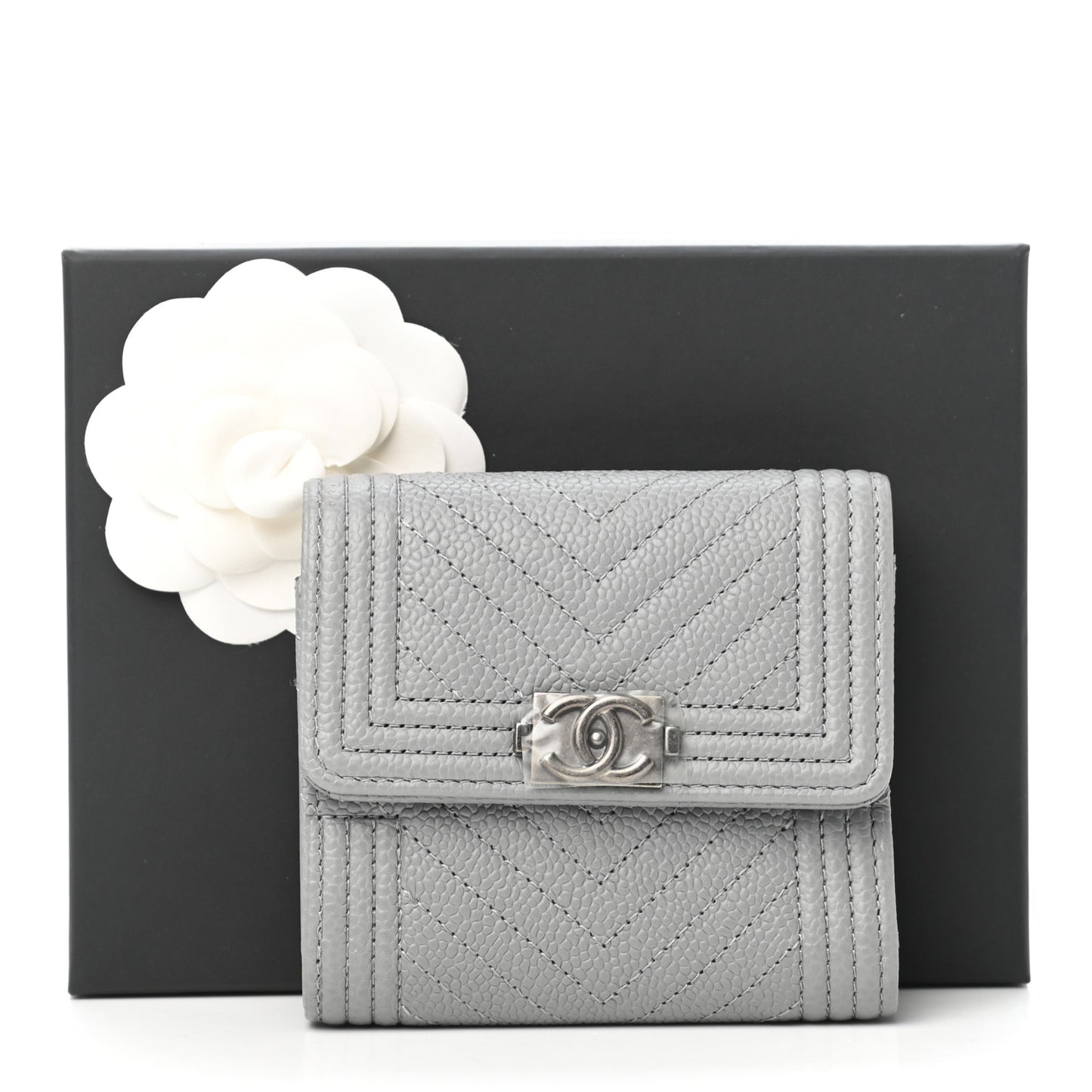 Caviar Chevron Quilted Boy Compact Wallet Grey
