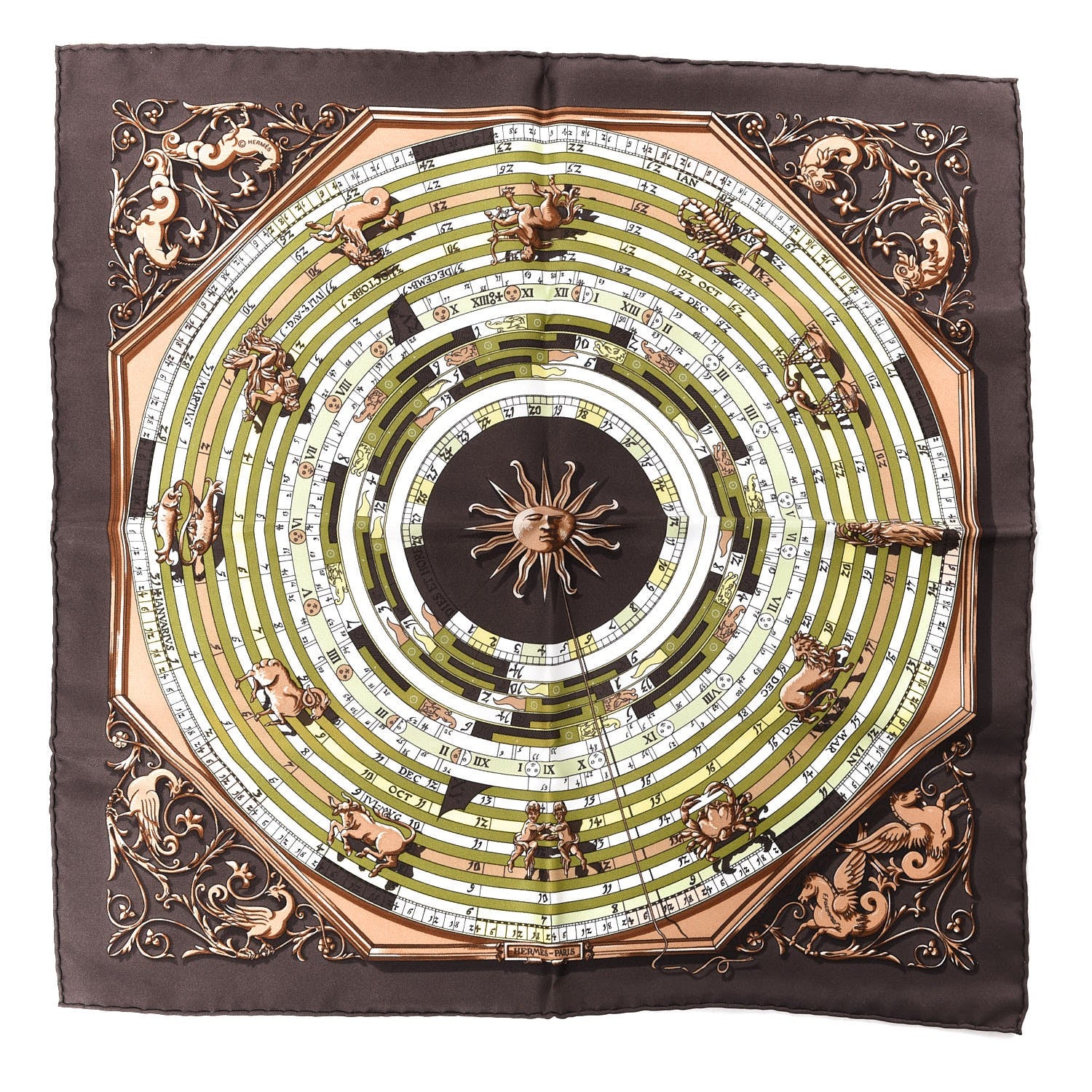 Hermes Silk Astrologie Pocket Square Scarf Chocolat Kaki Jaune Vif 1 of 4