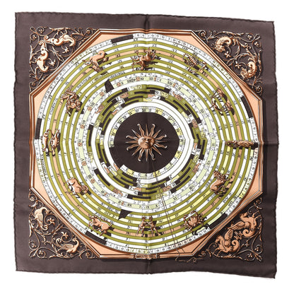 Hermes Silk Astrologie Pocket Square Scarf Chocolat Kaki Jaune Vif 1 of 4