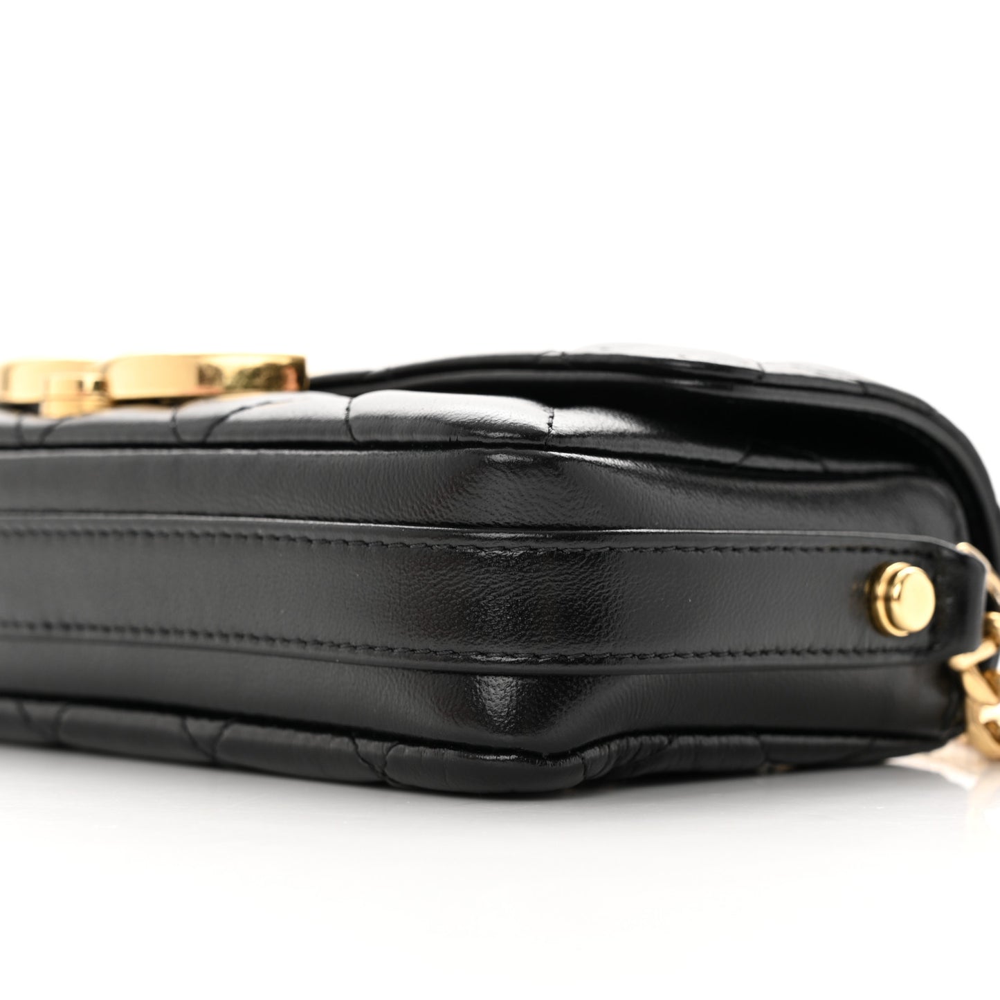 Shiny Calfskin Quilted Flap Phone Holder With Chain Black