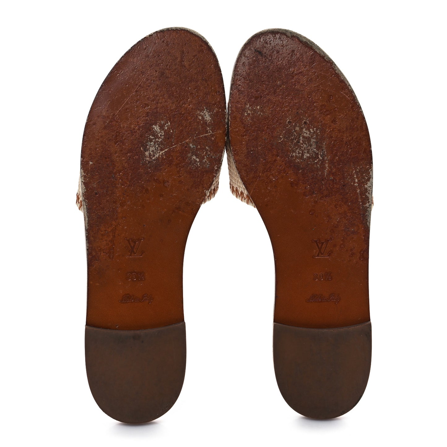 Raffia Calfskin Monogram Lock It Flat Mules 39.5 Cognac Brown