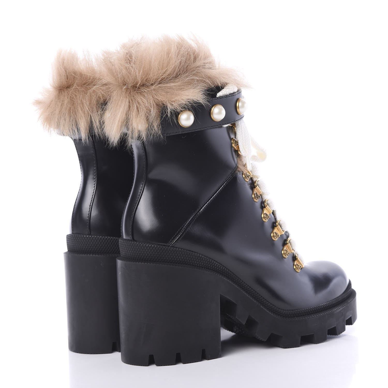 Gucci Magnum Calfskin Fur Pearl Lace Up Combat Ankle Boots 37 Black Naturale 4 of 8