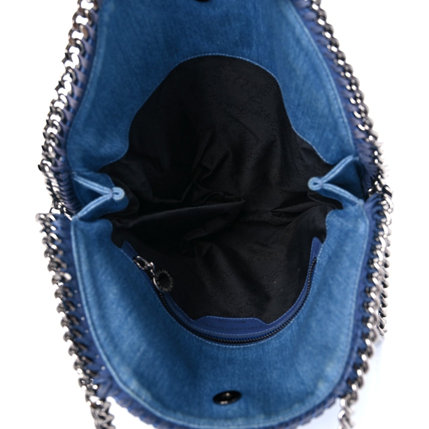 Eco Denim Embroidered Zigarette Falabella Fold Over Tote Blue