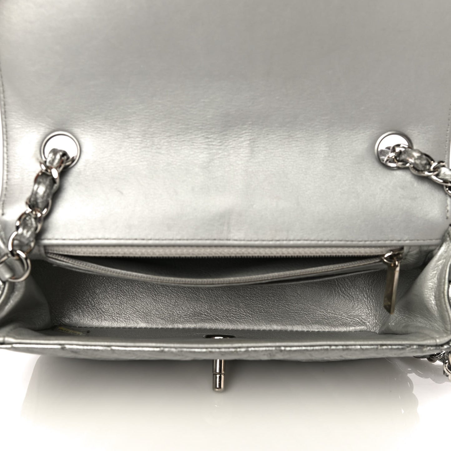 Patent Metallic Crumpled Calfskin Chevron Quilted Mini Rectangular Flap Silver
