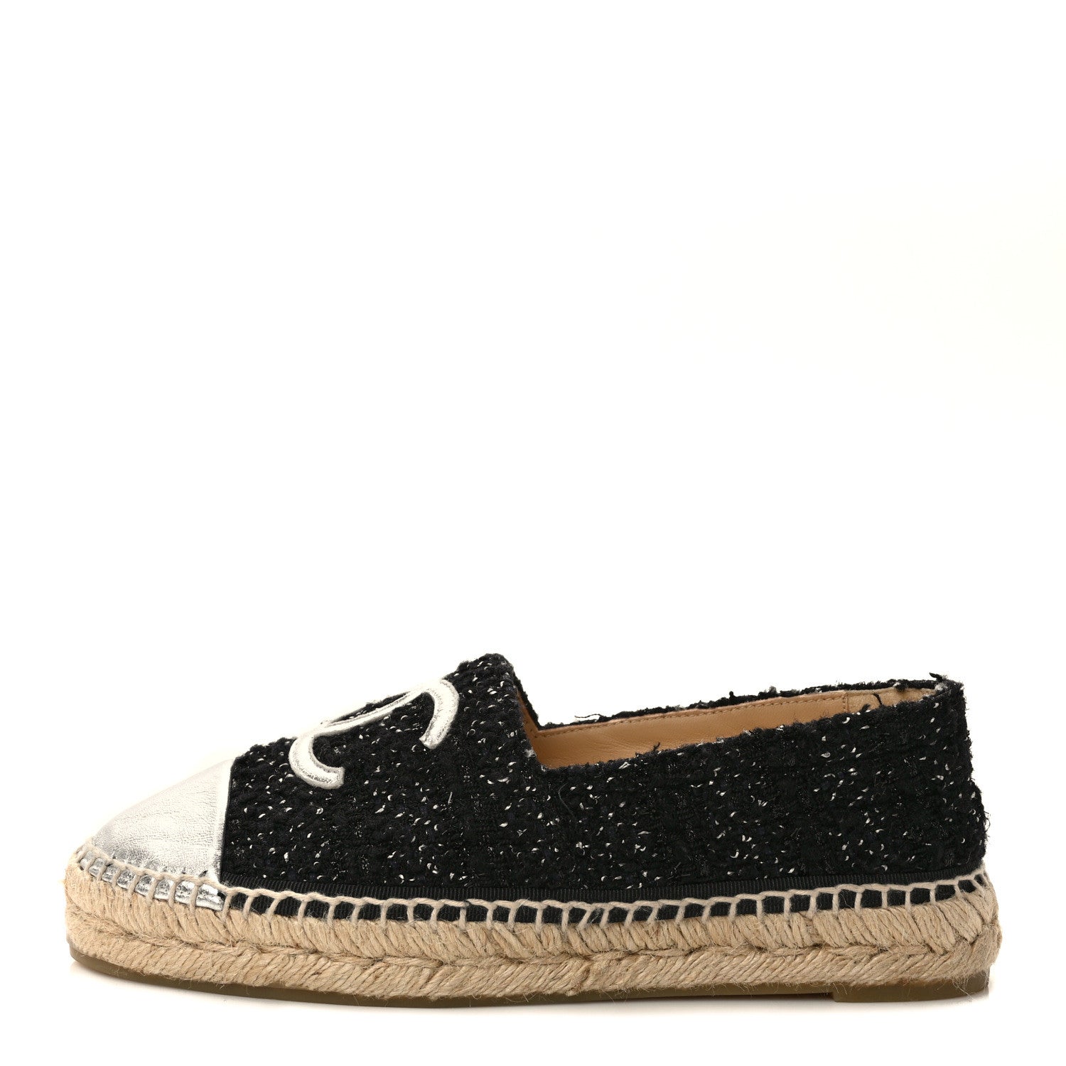 Chanel Metallic Lambskin Tweed CC Espadrilles 37 Black Silver 1 of 9