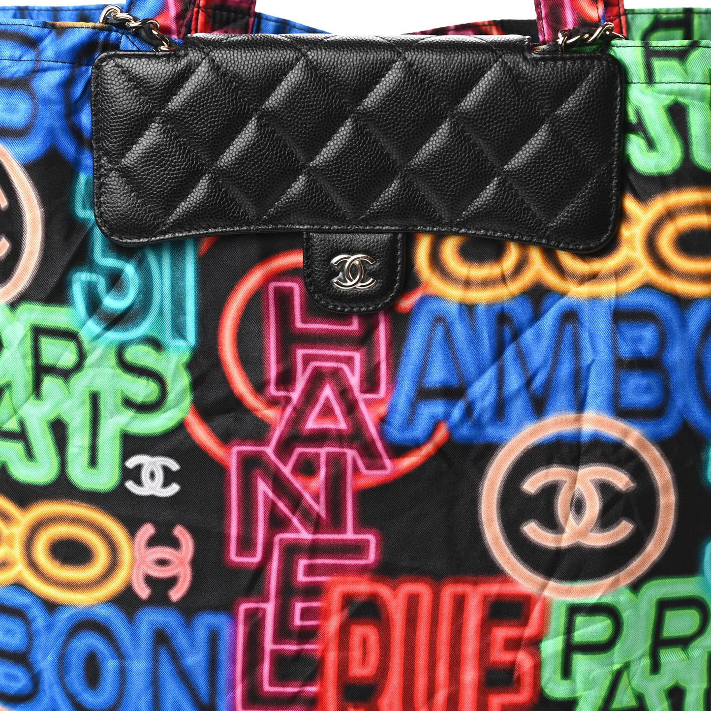 Caviar Fabric Quilted Foldable Tote With Chain Black Multicolor