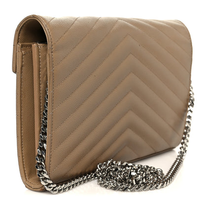 Saint Laurent Grain De Poudre Matelasse Chevron Monogram Chain Wallet Taupe 3 of 11