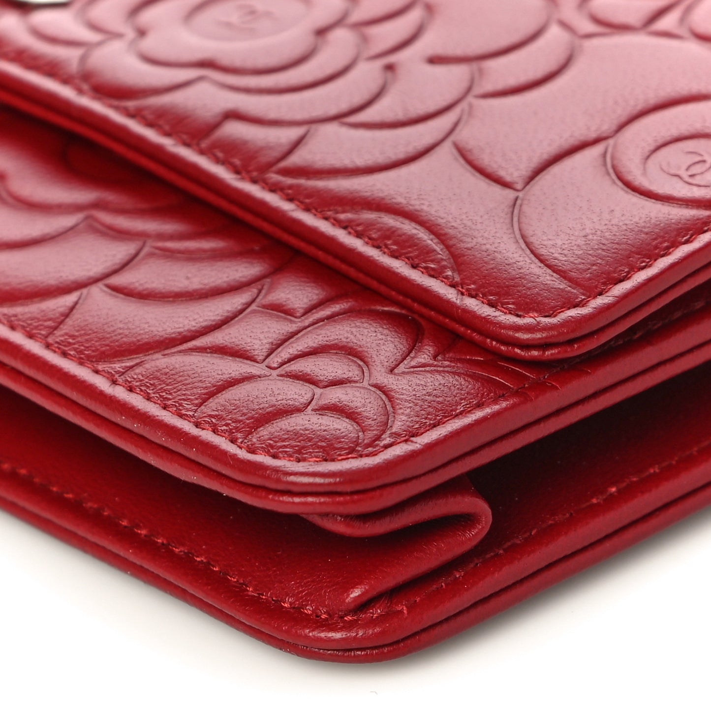 Lambskin Camellia Embossed Wallet On Chain WOC Red