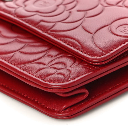 Chanel Lambskin Camellia Embossed Wallet On Chain WOC Red 11 of 12