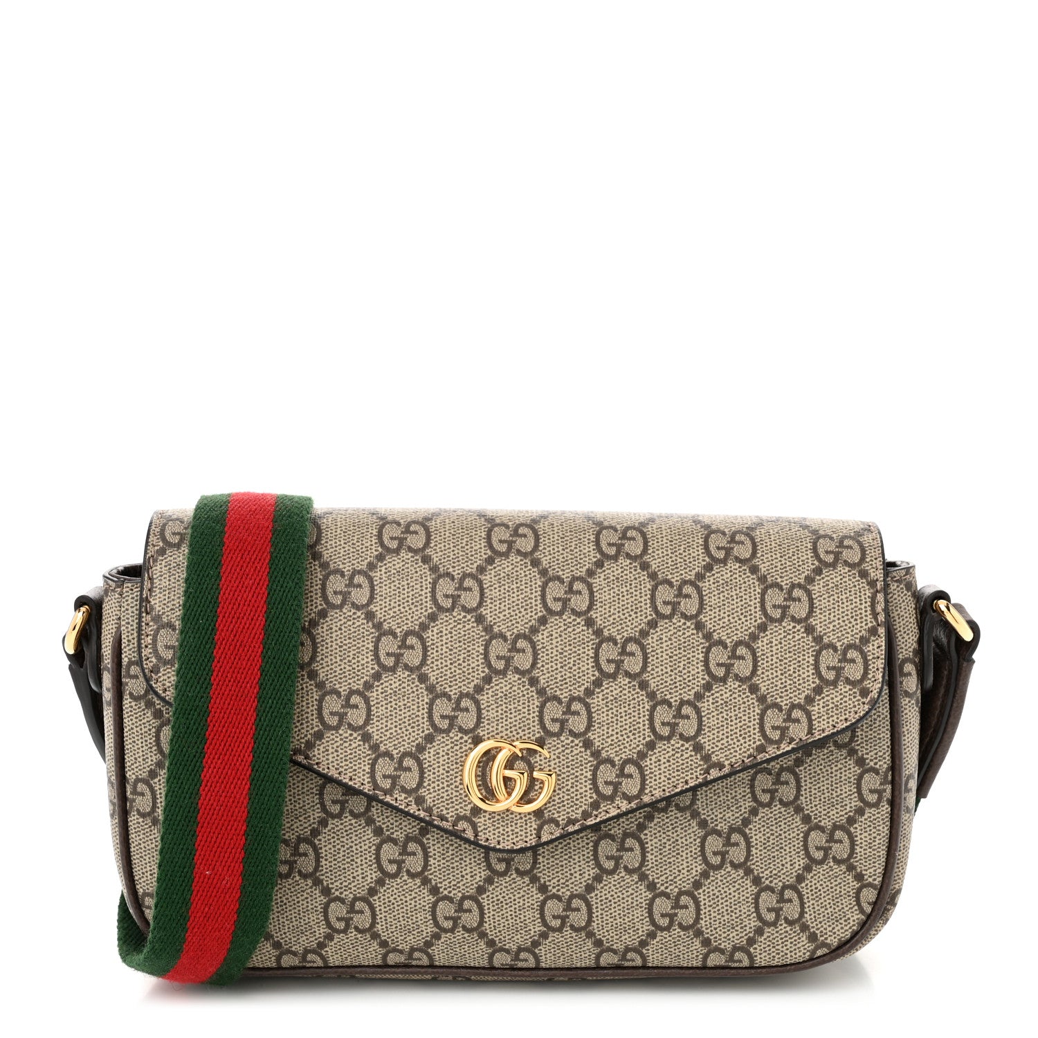 Gucci GG Supreme Monogram Textured Dollar Calfskin Web Mini Ophidia Envelope Shoulder Bag Beige Ebony 1 of 11