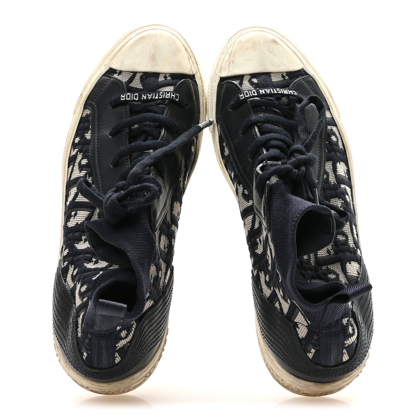 Technical Knit Calfskin Oblique Womens Walk'n Dior Mid Top Sneakers 35 Deep Blue