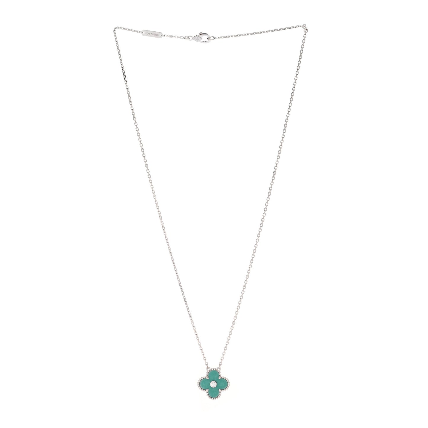18K White Gold Diamond Celadon Green Sevres Porcelain Vintage Alhambra Pendant Necklace