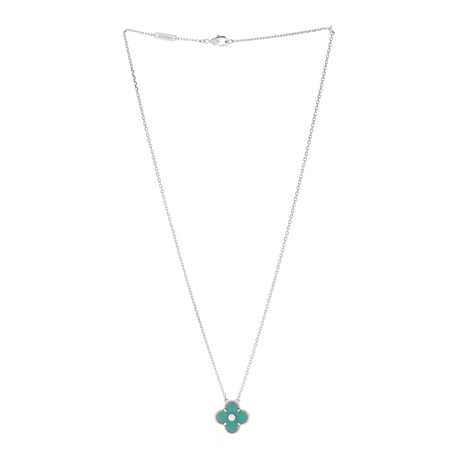 Van Cleef & Arpels 18K White Gold Diamond Celadon Green Sevres Porcelain Vintage Alhambra Pendant Necklace 3 of 6