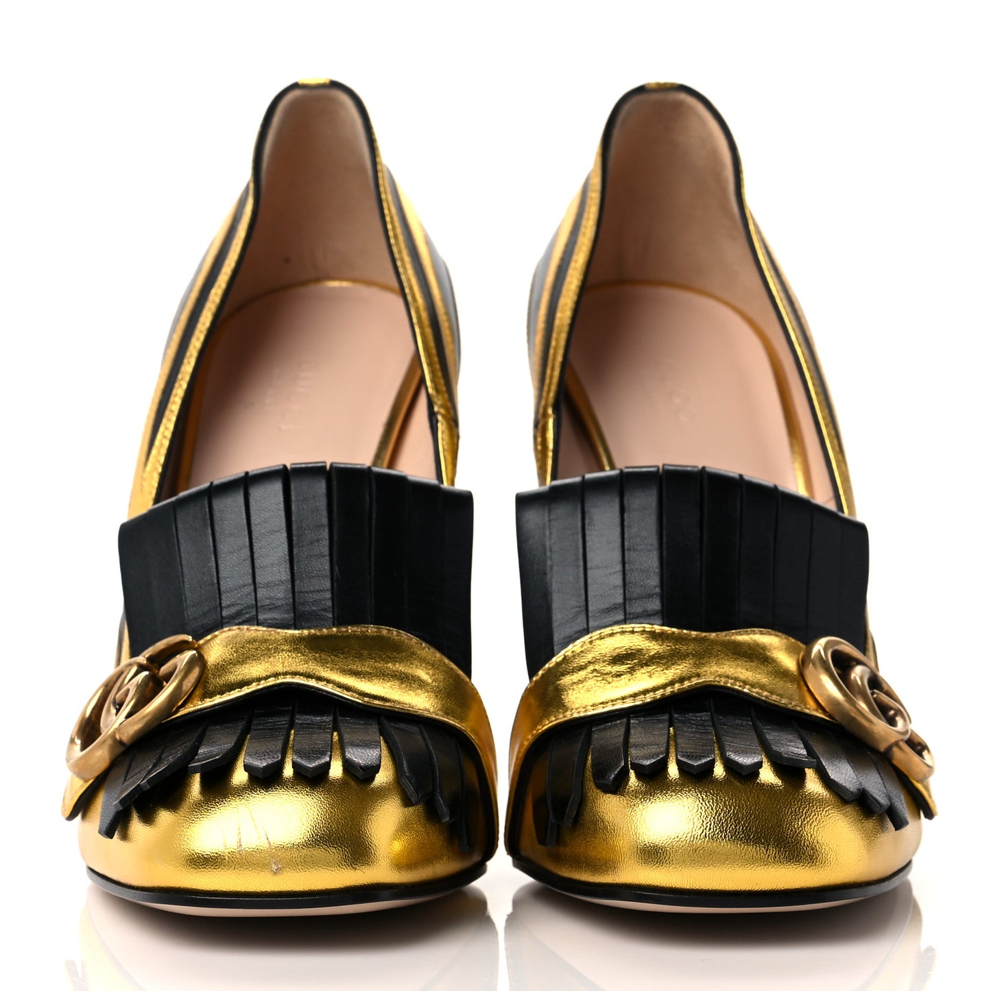 Metallic Nappa Inlay GG Marmont Fringe 105mm Loafer Pumps 41 Gold Black