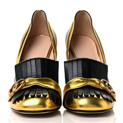 Gucci Metallic Nappa Inlay GG Marmont Fringe 105mm Loafer Pumps 41 Gold Black 2 of 10