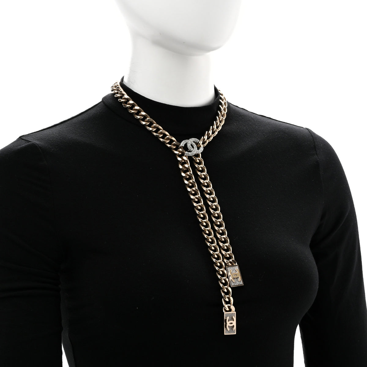 Chanel Chain Link Crystal CC Dog Tag Charm Necklace Gold 2 of 7