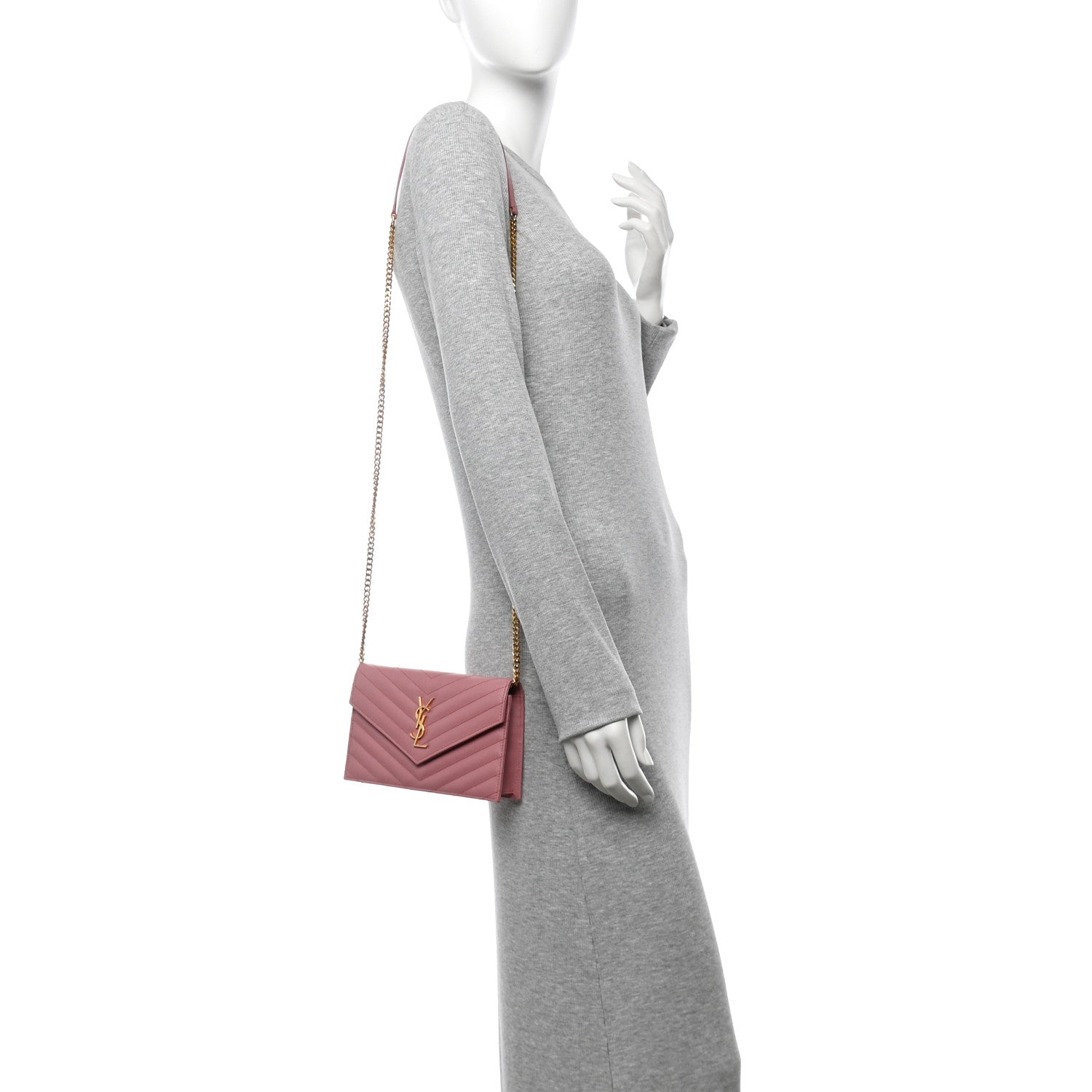Saint Laurent Grain De Poudre Matelasse Chevron Monogram Envelope Chain Wallet Dark Rose 2 of 10