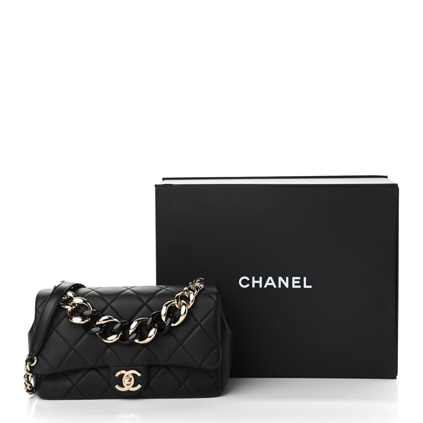 Lambskin Quilted Resin Bi-Color Chain Flap Bag Black