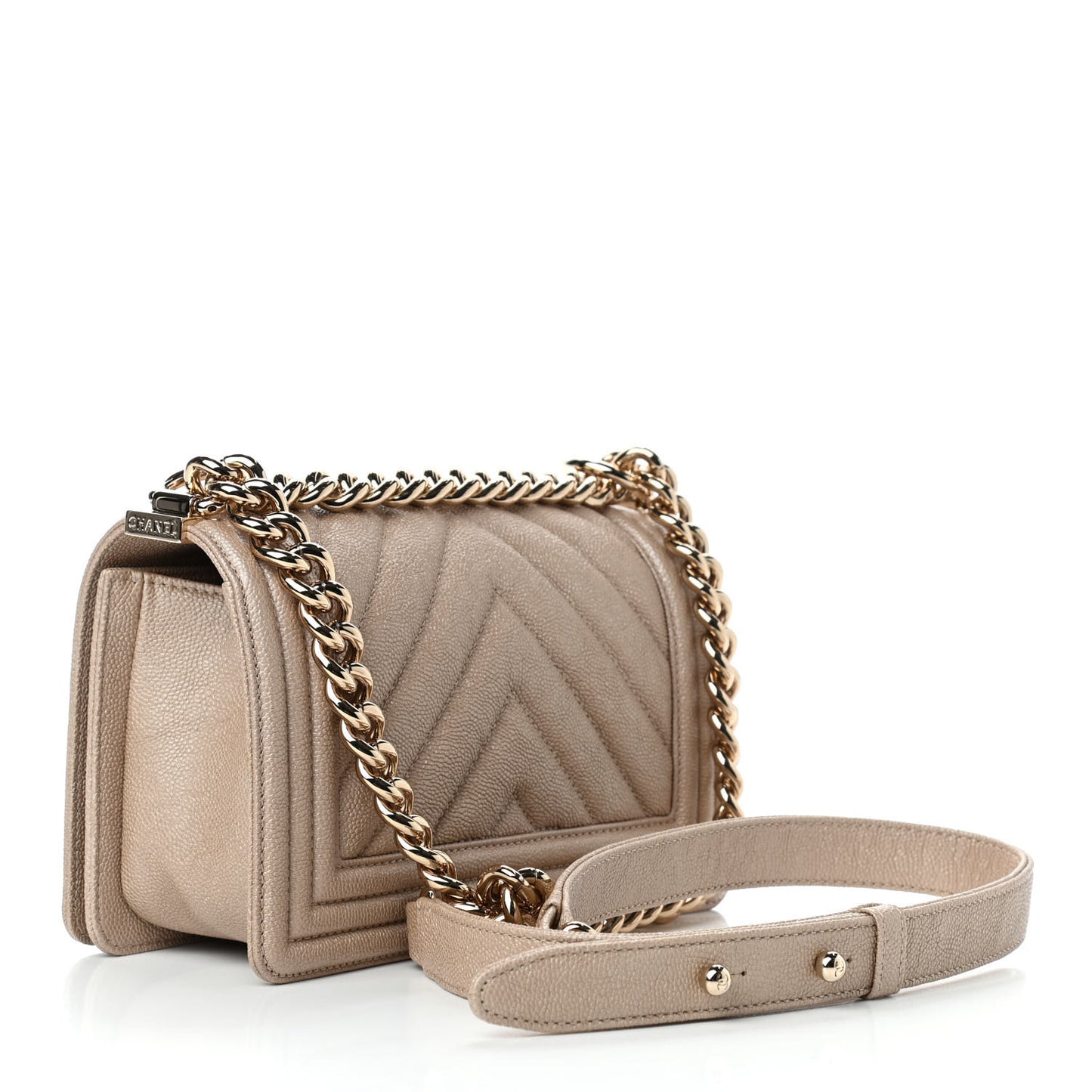 Iridescent Caviar Chevron Quilted Small Boy Flap Beige