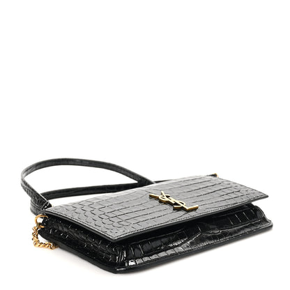 Saint Laurent Calfskin Crocodile Embossed Monogram Phone Holder Crossbody Black 4 of 11