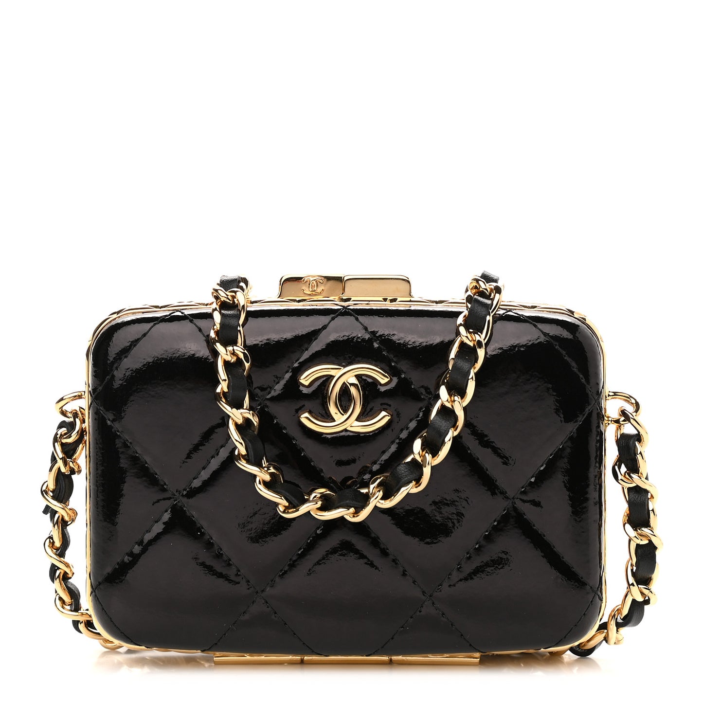 Glazed Goatskin Quilted Small Box With Chain Black