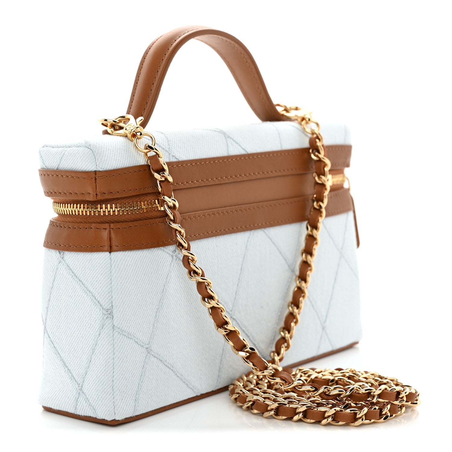 Chanel Washed Denim Calfskin Quilted Top Handle Slim Vanity Case With Chain Blue Brown 3 of 10