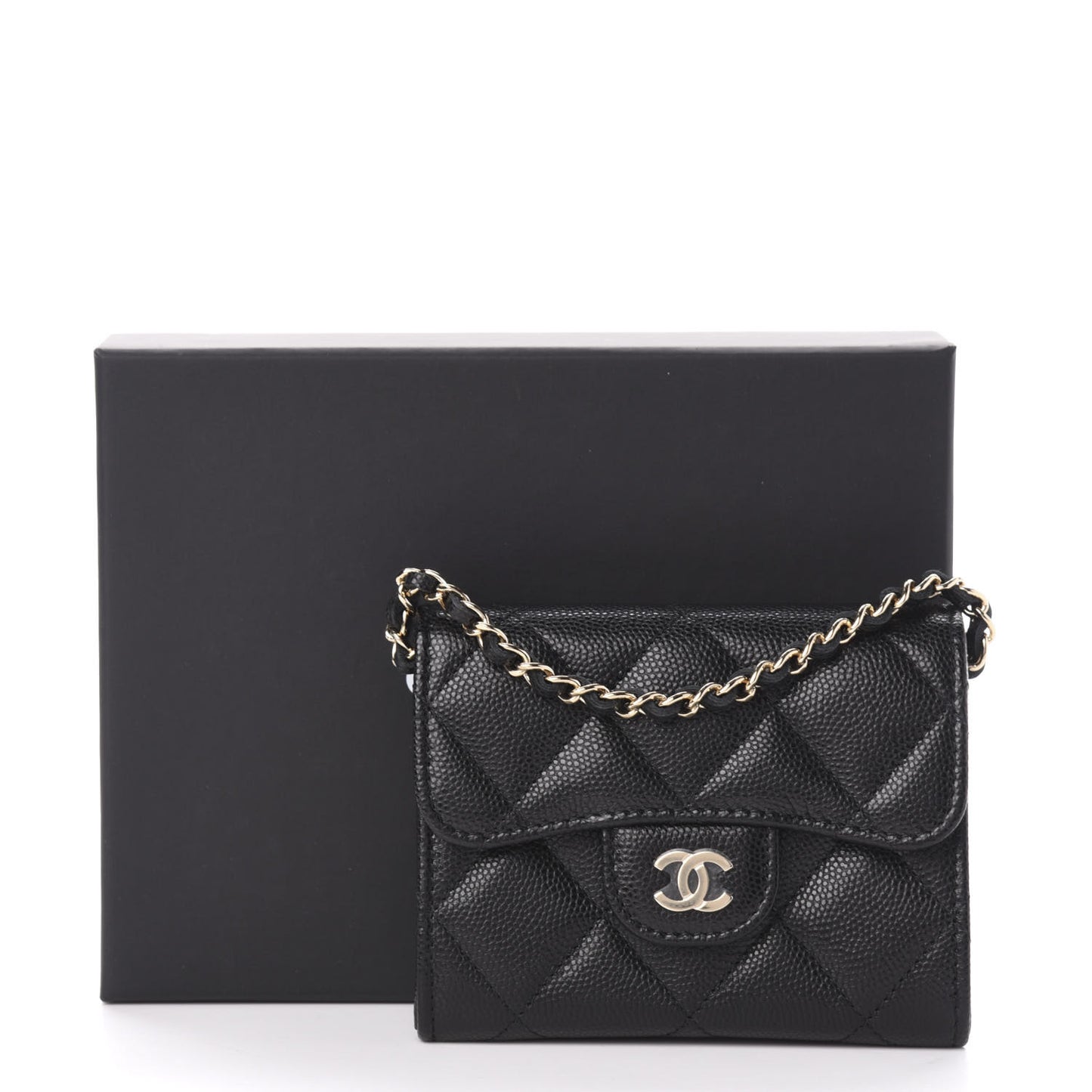 Caviar Quilted Flap Card Holder On Chain Black
