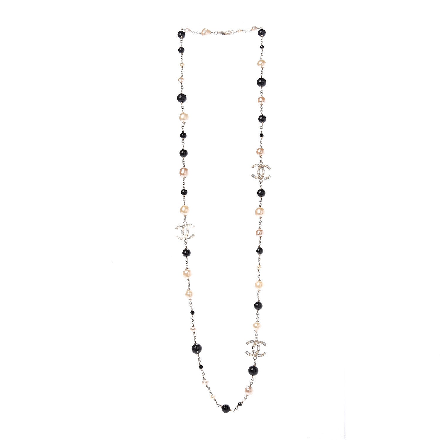 Chanel Pearl Crystal Bead CC Long Necklace Gold Black White 2 of 5