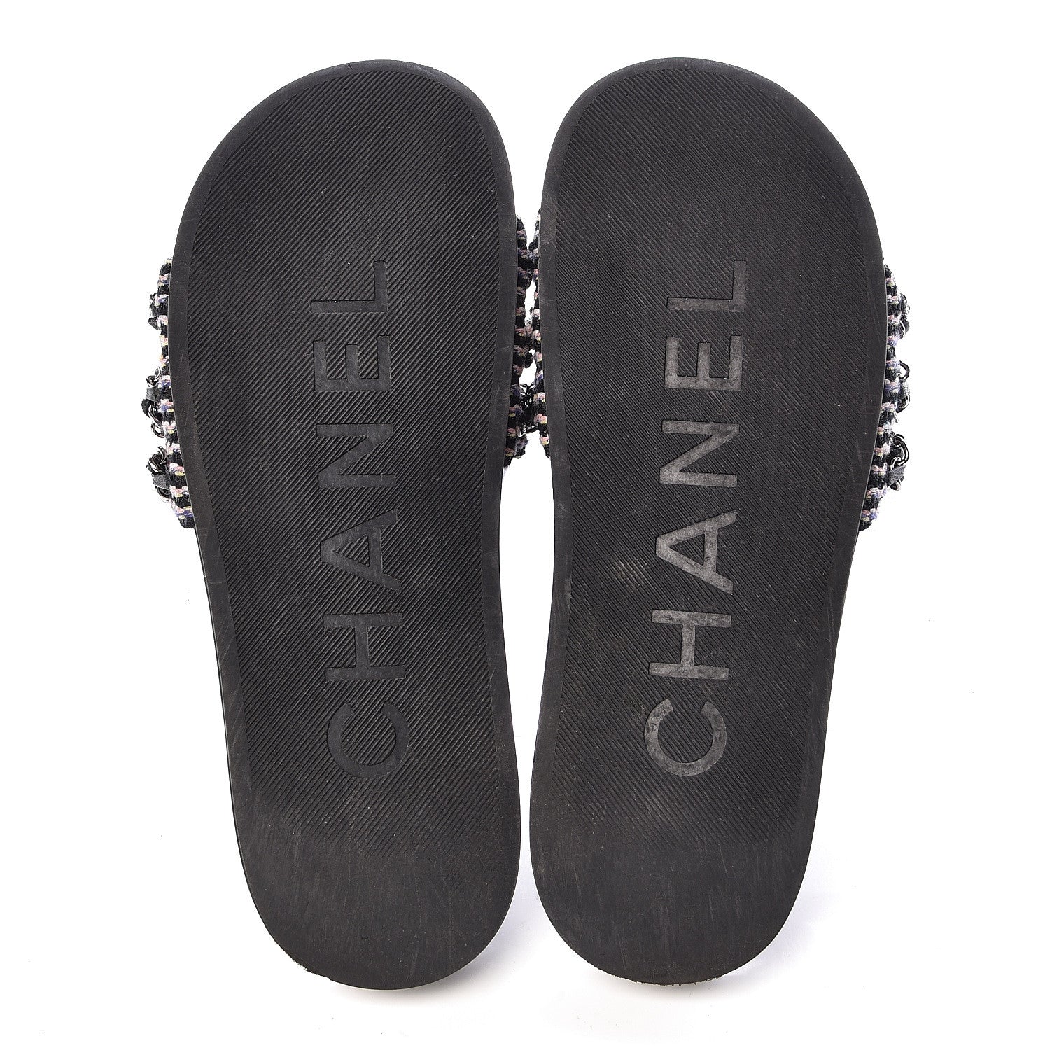 Chanel Tweed Lambskin Chain Flat Sandals 38 Black Multicolor 10 of 11
