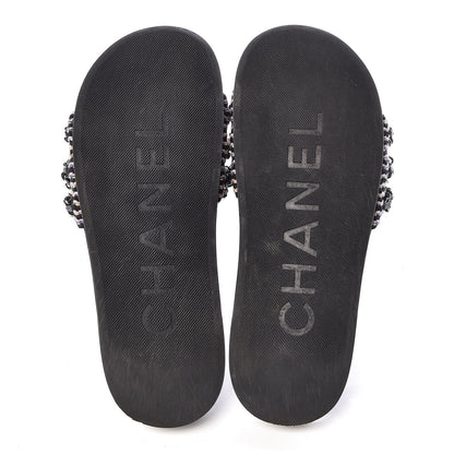 Chanel Tweed Lambskin Chain Flat Sandals 38 Black Multicolor 10 of 11