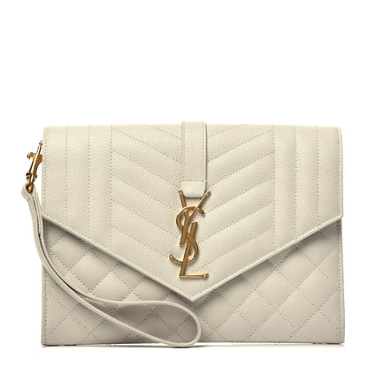 Saint Laurent Grain De Poudre Textured Mixed Matelasse Triquilt Monogram Clutch Blanc Vintage 1 of 7