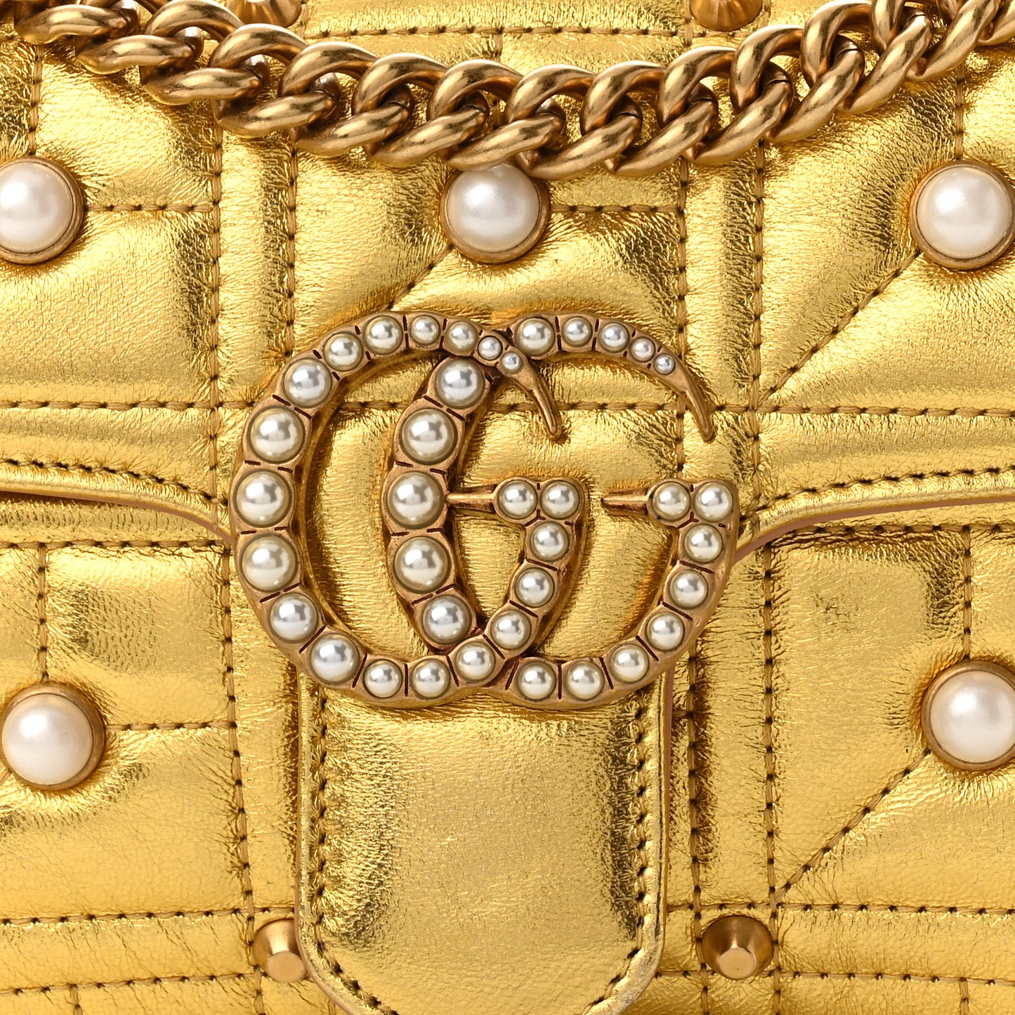 Metallic Calfskin Matelasse Studded Mini Pearly GG Marmont Shoulder Bag Gold
