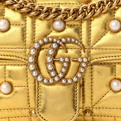 Gucci Metallic Calfskin Matelasse Studded Mini Pearly GG Marmont Shoulder Bag Gold 8 of 14
