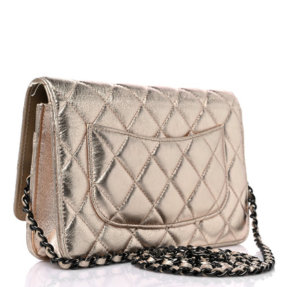 Chanel Metallic Lambskin Quilted Wallet On Chain WOC Gold Black 3 of 18
