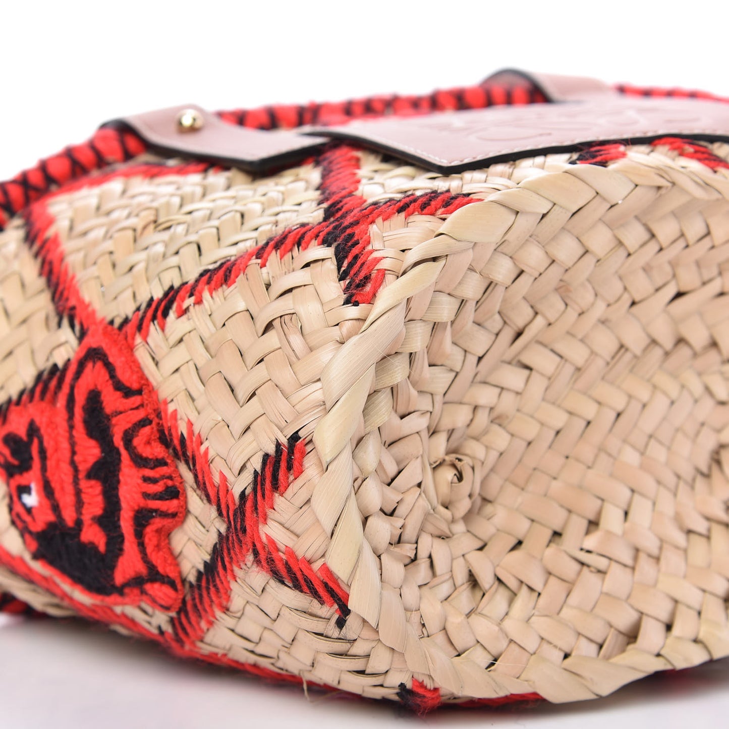 Embroidered Raffia Basket Tote Bag Natural Tan Red