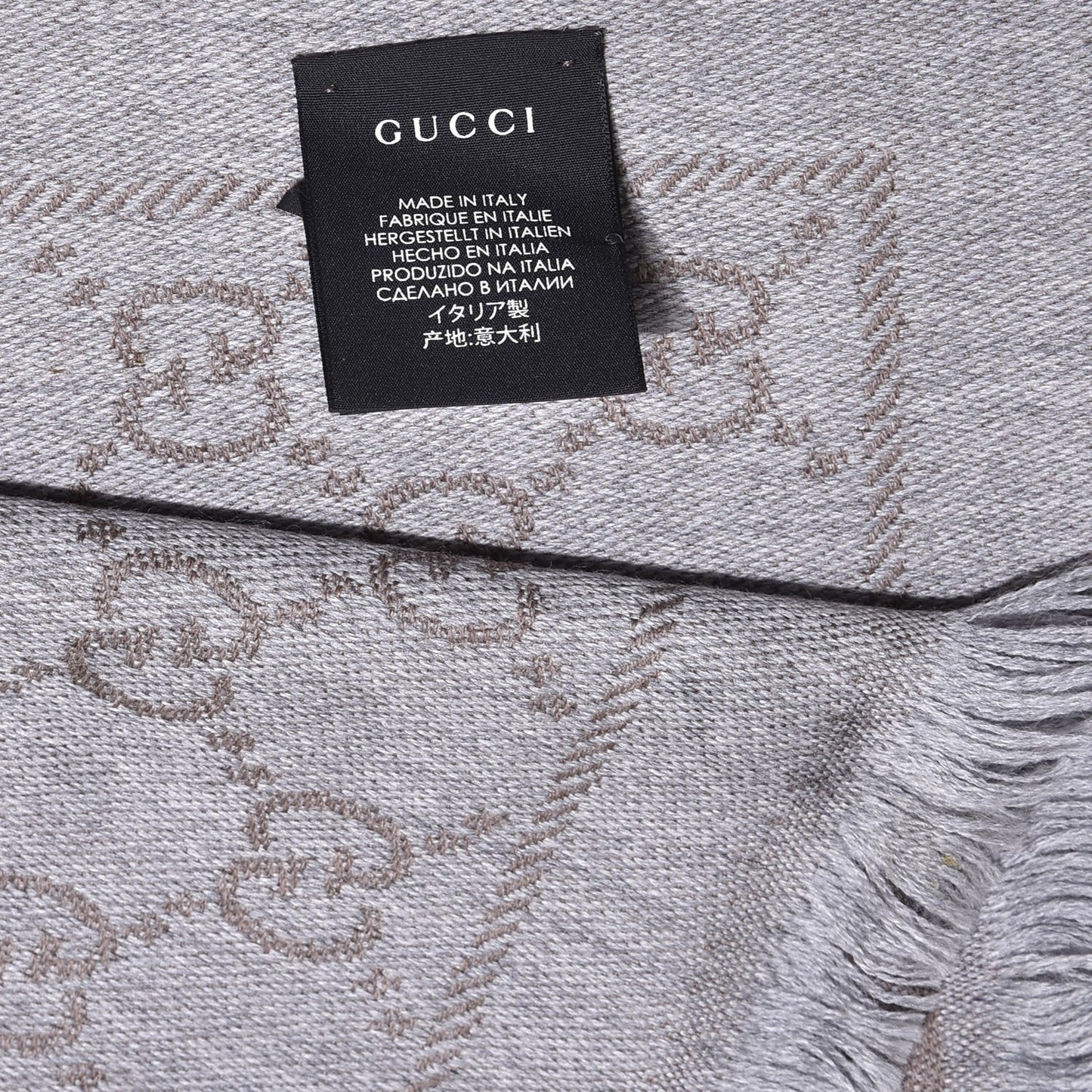 Wool Jacquard GG Monogram Sten Fringe Scarf Taupe Light Grey