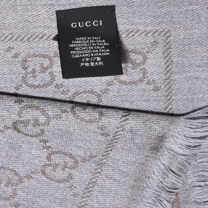Gucci Wool Jacquard GG Monogram Sten Fringe Scarf Taupe Light Grey 5 of 6