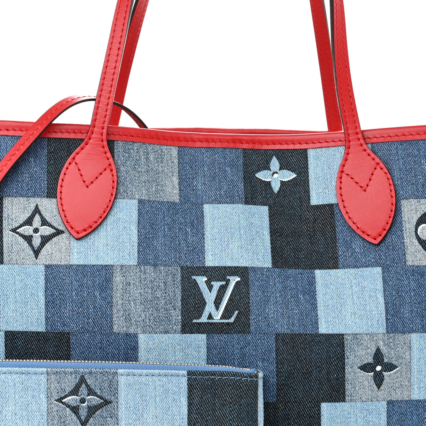 Denim Damier Monogram Patchwork Neverfull Blue Rouge